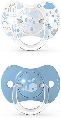 Suavinex, Juego de 2 chupetes simétricos Sx Pro de silicona suave y flexible. Memories Azul, 18 meses