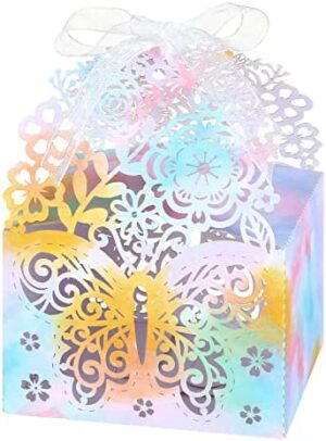 LEMESO 30 Cajas Papel para Dulces Recuerdos de Fiesta Boda Cajas Multicolor de Mariposa Hueco para Bautizo Bebe o Boda con 30 Cintas de Seda