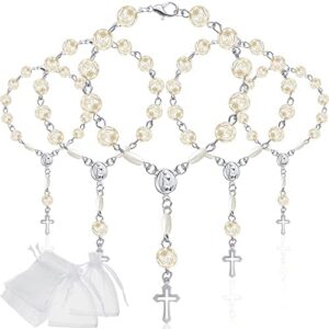 20 Piezas Rosarios de Bautismo Mini Rosarios de Cuentas Acrílicas Cadenas de Cuentas Blancas con Bolsas Recuerdos para Fiesta Bautizo Comunión Baby Shower (Plata)