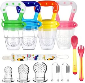 4pcs Chupetes Frutas Bebe Sin BPA Alimentador Antiahogo de Fruta para Bebés + 3 Tetinas de Silicona en 3 Tamaños + 2 Cepillos de Dedo para Bebés
