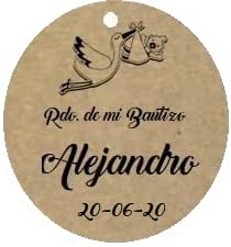 50 Etiquetas kraft colgantes Cigüeña 5 cm para bautizos personalizadas