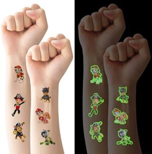 ACWOO Tatuajes Temporales Niños, 6 Hojas Tatuajes Purpurina Dibujos Animados de Patrulla de la Pata, Tatoos Infantiles Luminosos Impermeables, Pegatinas Infantiles Regalos de Fiesta Cumpleaños