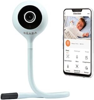BÉABA , Listen to Baby Video, Zen Connect Babyphone, cámara Full HD 1090p, walkie-talkie, largo alcance, conexión móvil y wifi, canciones de cuna, eje flexible, gris perla