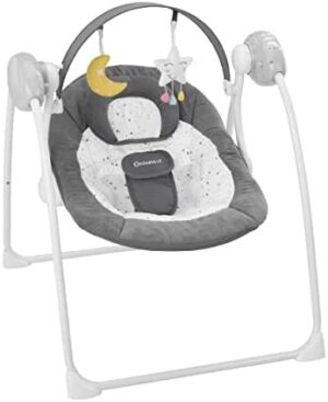 Badabulle Electric Comfort Moonlight Swing, respaldo ajustable y arco de juego, 5 velocidades, 12 canciones de cuna, plegable compacto
