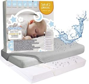 Bisoo 40x90 cm - Sábanas Capazo Cochecito Carro - Set de 2 Sabanas Ajustables e Impermeables 2en1 - Sabana Bajera + Protector de Colchón Bebé - 100% Jersey Oeko-Tex (1 Blanco + 1 Gris)