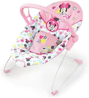Bright Starts, Disney Baby, Hamaca mecedora Minnie Mouse Spotty Dotty para Bebé, Silla con vibraciones relajantes y arco de juego extraíble, funda del asiento lavable, color Rosa, 0+ meses