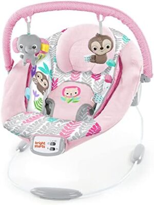 Bright Starts - Hamaca mecedora para Bebé Rosy Vines, Silla con movimientos y vibraciones relajantes, 7 melodías, arnés de 3 puntos, arco de juego y reposacabezas extraíble, color Rosa, 0+ meses