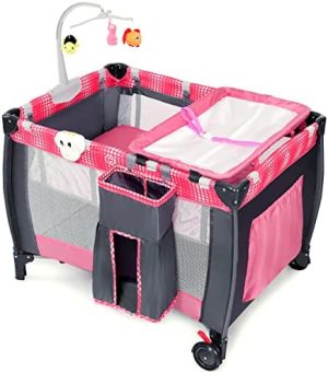 COSTWAY Parque para Bebé Plegable con Cambiador, Colchón Plegable y Porta Pañales, Equipado con Juguetes y Caja de Música, Cuna para Niñas y Niños, Cuna de Viaje con Bolsa de Transporte (Rosa)