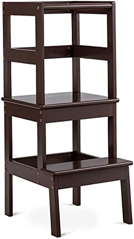 COSTWAY Torre de Aprendizaje Ayudante de Cocina para Niños Carga hasta 70kg Taburete de Madera Silla de Aprendizaje para Niños (marrón)