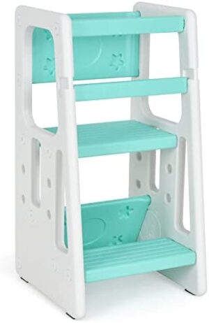 COSTWAY Torre de Aprendizaje para Niños con Doble Barrera de Seguridad, Taburete Escalera con 3 Alturas Regulables y Almohadillas Antideslizantes, Torre para Niños para Cocina y Baño (Verde)