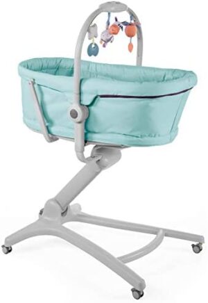 Chicco Baby Hug 4 en 1 Mini Cuna para Bebés 0 Meses - 3 Años (15 kg), Cuna, Hamaca, Trona y Silla para Bebés con Arco de Juguetes, Altura y Respaldo Ajustables y 4 Ruedas, Azul (Aquarelle)