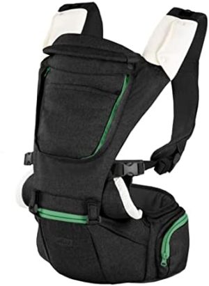 Chicco Hip Seat Mochila Portabebés desde 0 Meses hasta 15 kg, Mochila para Bebé Multifunción 3 en 1 con Base Rígida, Hombreras Acolchadas y Capucha Protectora, 8 Posiciones, Negro (Pirate Black)