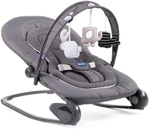 Chicco Hooplà Hamaca para Bebé de 0 Meses a 18 kg, Balancín y Silla de Bebés y Niños con Arco de Juegos, Respaldo Ajustable y Cojín Reductor, Compacta - Color Gris (Moon Grey)