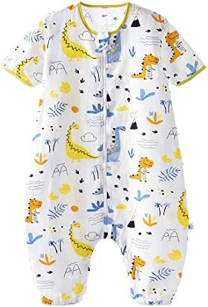 Chilsuessy Saco de dormir de verano para bebé, con pies, manga corta, para niños, saco de dormir infantil, pijama 100% algodón, dinosaurio amarillo, L/Baby Altura: 95-105 cm