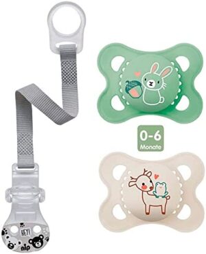 Chupete de silicona "Skin Soft" de MAM, 0-6 meses, neutral, set de 2, incluye caja de transporte para esterilización y correa con clip