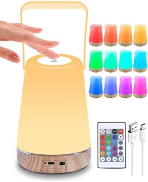DJLLA Lamparas de Mesita de Noche, Lámpara Nocturna de Control Táctil Portátiles con Remoto, USB Recargable, 13 Colores de Luz LED y 3 Modos para Dormitorio, Niños, Habitación y Acampada