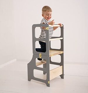 Duck WoodWorks Torre de cocina plegable para niños pequeños – Taburete moderno de madera para niños y niños – Taburete auxiliar de baño y cocina – Inspirado por Montessori Furniture