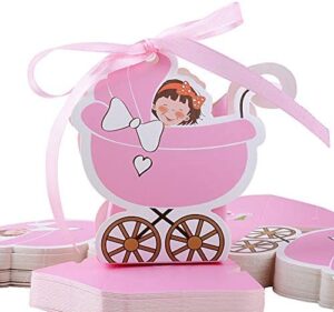 FLOFIA 50pcs Cajas Cajitas Caramelos Bautizo de Papel Cartón Niña Rosa Estilo Cochecito con Cintas Favor Box para Decoración Girls Fiesta Cumpleaños Regalo Detalles Bombones Invitados