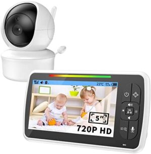 GAOEEIN Baby Monitor con cámara, LCD en Color de 5'' con Ranura para Tarjeta SD, Alerta de Temperatura, Movimiento y Sonido, PTZ Remoto, visión Nocturna por Infrarrojos, VOX, Nanas