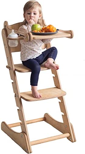 Goodevas Taburete auxiliar de cocina para niños pequeños – Taburete de gran altura – Torre de aprendizaje Montessori con rieles (beige)