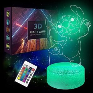 INTOBAS Stitch Luz Nocturna Infantil,Luz De Noche Stitch para Niño,Lámpara stitch Control Remoto 16 Cambio de Colores,Conexión USB o 3 Pilas AA,Decorativa de Dormitorio,Regalo de Cumpleaños de Navidad