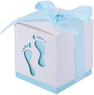 JZK 50 x Huella Azul Cajas Papel Baby Shower Cajas de Favor para niño Baby Shower niño cumpleaños Fiesta Bautizo Bautismo recién Nacido