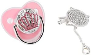Juego de Chupete y Clip para Chupete, Corona de Diamantes de Imitación, Chupete de Silicona Ultrasuave para bebé, Chupete Personalizado, Chupete de Cristal Artificial para Niña (Rosa)