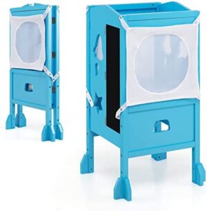 LIFEZEAL Torre de aprendizaje plegable para niños, taburete de pie con pizarra para cocina/ baño, silla de madera con barandillas de protección para bebés mayores de 18 meses (azul)