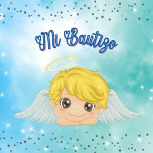 Libro de firmas bautizo niño: Libro de recuerdos y huellas para invitados personalizado, original - Idea de regalo o detalle para el bautizo de niño. Portada azul con angelito. Español