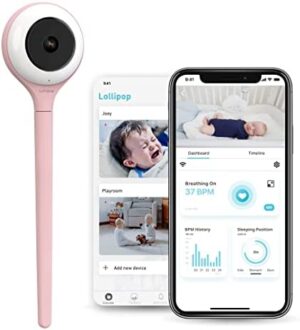 Lollipop Vigilabebés (Algodón de azúcar) con monitoreo monitoreo de oxígeno (sin sensores adicionales, Servicio de suscripción), del sueño y de llanto, cámara Wi-Fi con I.A. para bebés