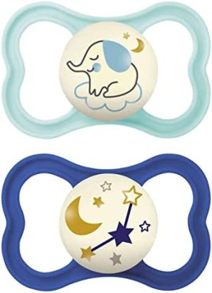 MAM Chupete Air Night S240 Escudo con orificios extra grandes para Pieles Sensibles, Tetina de Silicona SkinSoftTM ultrasuave, para Bebés de 6+ meses, Azul, con Caja Auto Esterilizadora, 2 unidades
