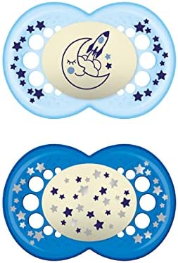 MAM Chupete Original Night S166 - Chupete con tetina de látex, para bebés de 6+ meses, brilla en la oscuridad - azul (2 unidades) con caja auto esterilizadora