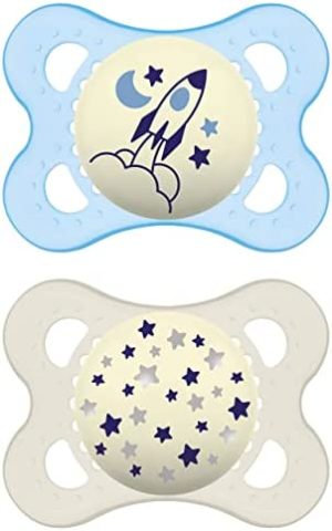 MAM Chupete Original Night S218 - Chupete con Tetina de Látex, para Bebés de 0+ meses, brilla en la oscuridad, Azul (2 unidades), con caja auto Esterilizadora, Versión Española