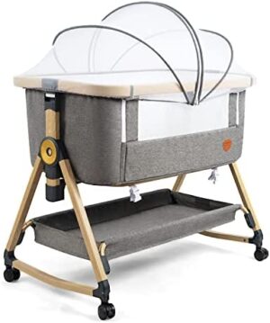 Maydolly Cunas para bebé con red transpirable y sábanas, reclinable ajustable para niños pequeños, color gris
