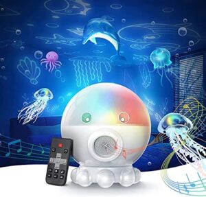 Océano Lampara Proyector Estrellas Bebe, 360° Rotación Proyector Luces y Musica con Temporizador y Control Remoto, Galaxia Proyector Estrella y Luna con 2 Film, 17 Modos de Luz, 9 Canciones de Cuna
