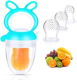 Oladwolf Chupete Fruta Bebe, Alimentador Antiahogo de Fruta Para Bebés y Niños Pequeños con 3 Tamaños Diferentes Reemplazo de Pezones de Silicona, Sin BPA Juguete Para Niños Dentición Chupete (Azul)