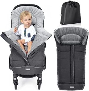 Orzbow Saco Silla Paseo Universal Invierno,Impermeable Saco de Silla Bebe con Forro Terciopelo Coralino Térmico,Capucha con Cordón,Tira Reflectante,Partícula Antideslizantes y Cremallera (Gris Oscuro)
