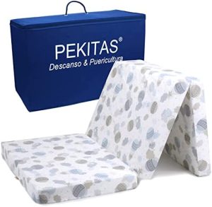 PEKITAS Colchón De Viaje Plegable 60x120 cm Altura 6 cm Incluye Bolsa Transporte Bebé Cuna Funda Lavable Transpirable Estampado Globo Verdes
