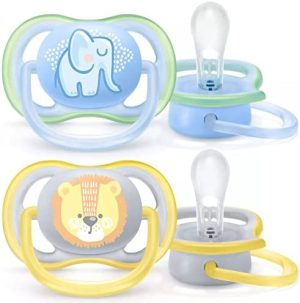 Philips Avent Ultra Air Chupete SCF085/01, transpirable, apto para la mandíbula, sin BPA, 0-6 meses, 2 unidades, color azul y amarillo