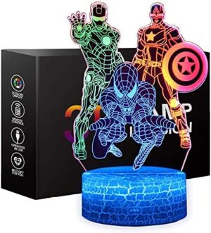 Spiderman Toys Luz nocturna para niños, ONXE 3D ilusión lámpara de control táctil colores dinámicos que cambian con 3 patrones juguetes para niños para Capitán América Iron Man regalos para niños