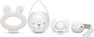 Suavinex Set Premium Recién Nacido con Chupete fisiológico silicona 0-6 meses, Broche, Portachupetes y Mordedor, gris