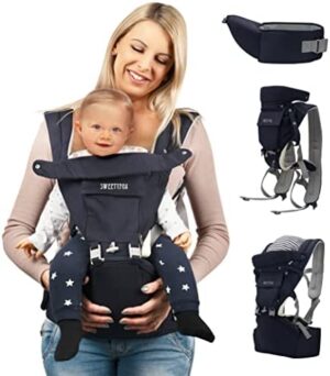 Sweety Fox - Portabebes Ergonómico y Asiento de Cadera - Para Bebes y Niños de 3 a 36 meses - Algodón y tejido de punto Transpirable con Relleno - Confort y Seguridad con Cinturones