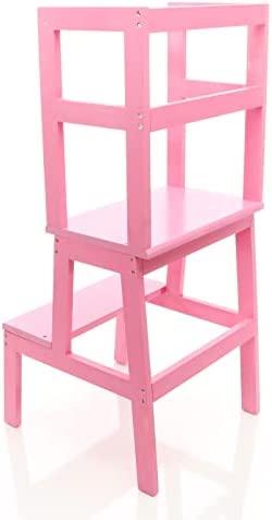 Toboli Torre de Aprendizaje para niños Rosa 43x40x91cm Madera Torre de Ayuda Taburete Montessori