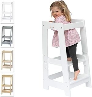 Torre de Aprendizaje Montessori para niños con Altura Ajustable y Barra de Seguridad (Madera Maciza) Blanco Blanco