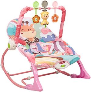 Transat y asiento de saltador con vibración tranquilizadora y música, hamaca para bebé, respaldo ajustable, arco de juego con 3 juguetes, hamaca para bebé eléctrico, desde el nacimiento a 11 kg (rosa)