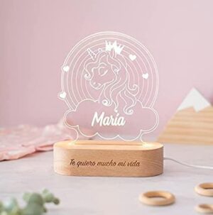 Transparent Gift Lámpara de Mesa 3D Led Infantil Diseño de Unicornio Personalizada - Lámpara de Metacrilato con Luz Nocturna - El Regalo Original de Cumpleaños, Niños, Baby Shower y Bautizo
