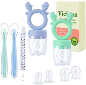 Vicloon Chupetes Fruta Bebe+6 Tetinas Silicona de Repuesto，2 Pcs Alimentador Antiahogo Bebe y 2 cucharas blandas de silicona Mordedores Bebes de Sin BPA,Contiene Correa para Chupete(Cuerna)