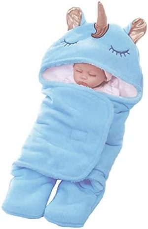 Wetry Saco de Dormir Bebe Unicornio Manta Envolvente Bebe Recien Nacido Invierno Térmico Swaddle Wrap Manta Bebe Unicornio Regalo Bebe Recien Nacido Niño, 0-3 Meses Azul