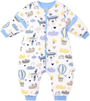 ZIGJOY Saco de Dormir Bebe con Pies 1.5 TOG 12-24 Meses Saco de Dormir Dobladillo Ensanchado con Mangas Extraíbles(Avión)