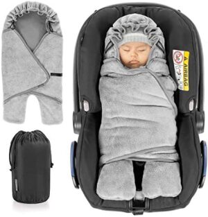 Zamboo Manta envolvente bebé con pies, forro polar térmico, capucha y bolsa - Invierno - Arrullo para silla de coche Grupo 0+(se adapta a Maxi-Cosi/Cybex/Römer) - Gris